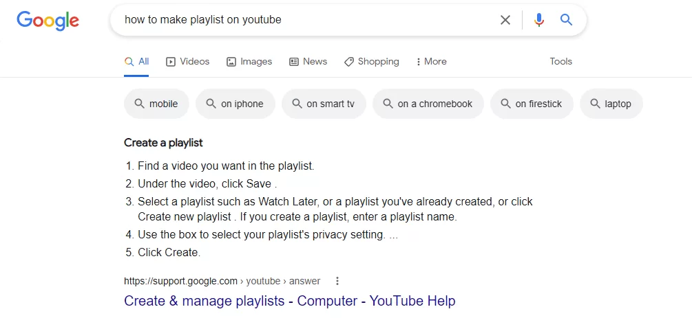 image showing how to make a playlist on youtube search results