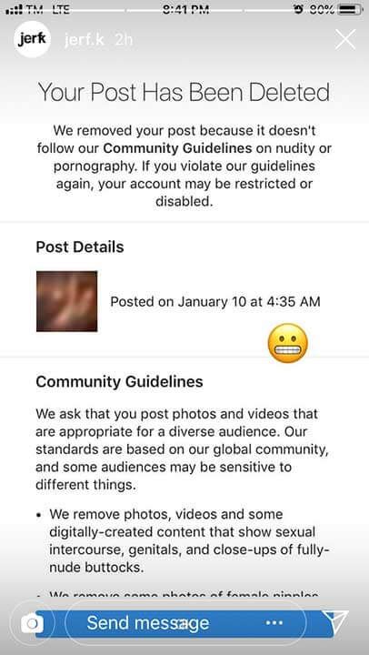 Instagram post deleted policy violation