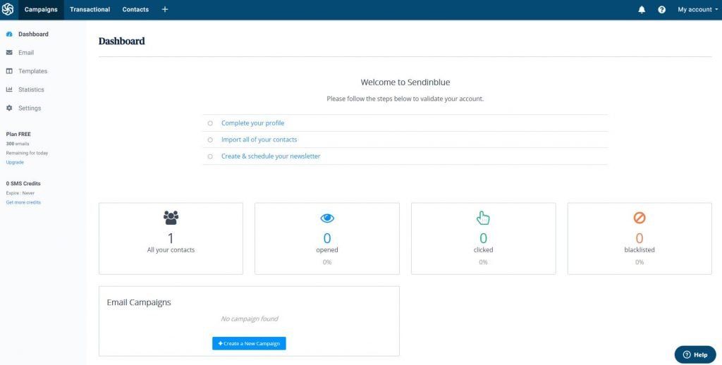 sendinblue on boarding dashboard