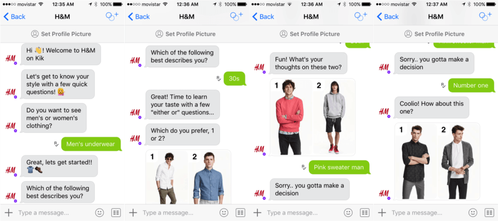 picture showing h&m chatbot and customer's conversations